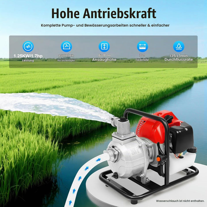 Benzin Wasserpumpe Gartenpumpe Schmutzwasserpumpe 1,25KW/1,7PS 8000 l/h 30m Förderhöhe | 2-Takt-Moto
