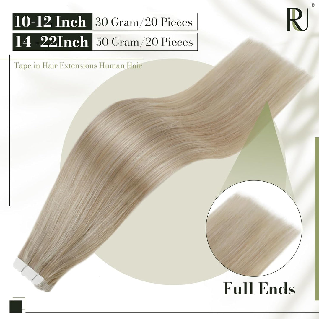 RUNATURE Blond Tape Echthaar Extensions 45cm Aschblond mit Platinblond Tape in Haarverlangerung Remy