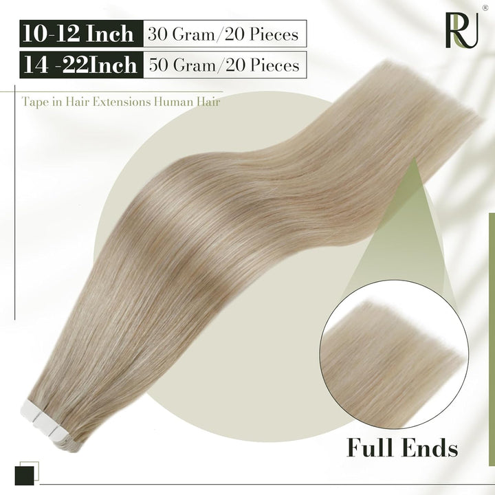 RUNATURE Blond Tape Echthaar Extensions 45cm Aschblond mit Platinblond Tape in Haarverlangerung Remy