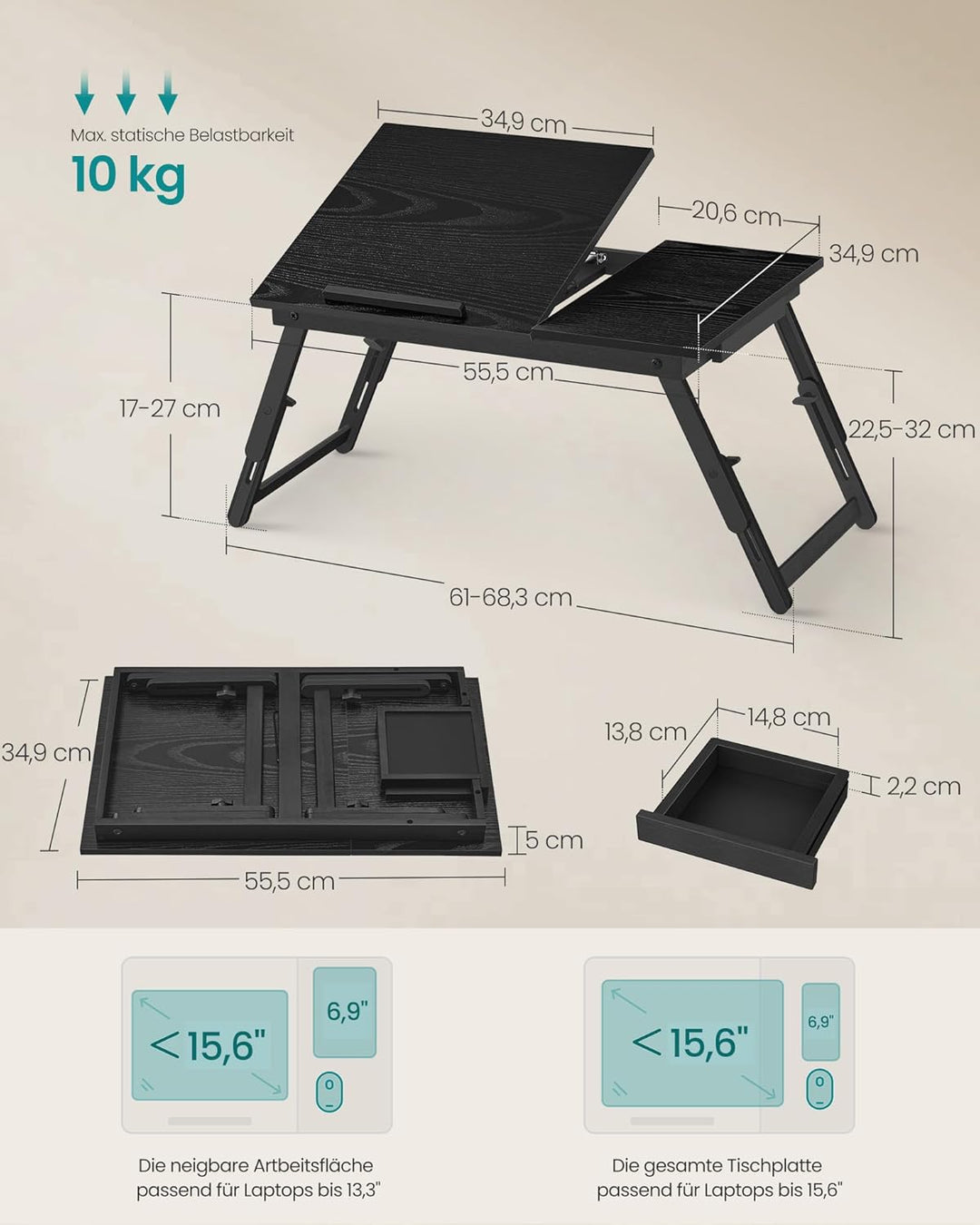 SONGMICS Laptoptisch für Bett, Laptopständer, winkel- und höhenverstellbar, klappbare Beine, für Lap