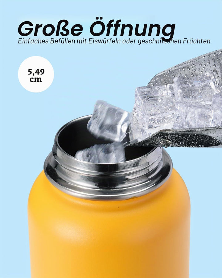 Wasserflasche 0,9 l isoliert mit Strohhalm, Coolflask Edelstahl Metall 3 Deckel Wasserflasche mit br