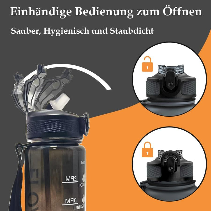 Deutsch Trinkflasche, Trinkflasche 1L mit Strohhalm und motivierender Zeitmarkierung, Tritan BPA fre