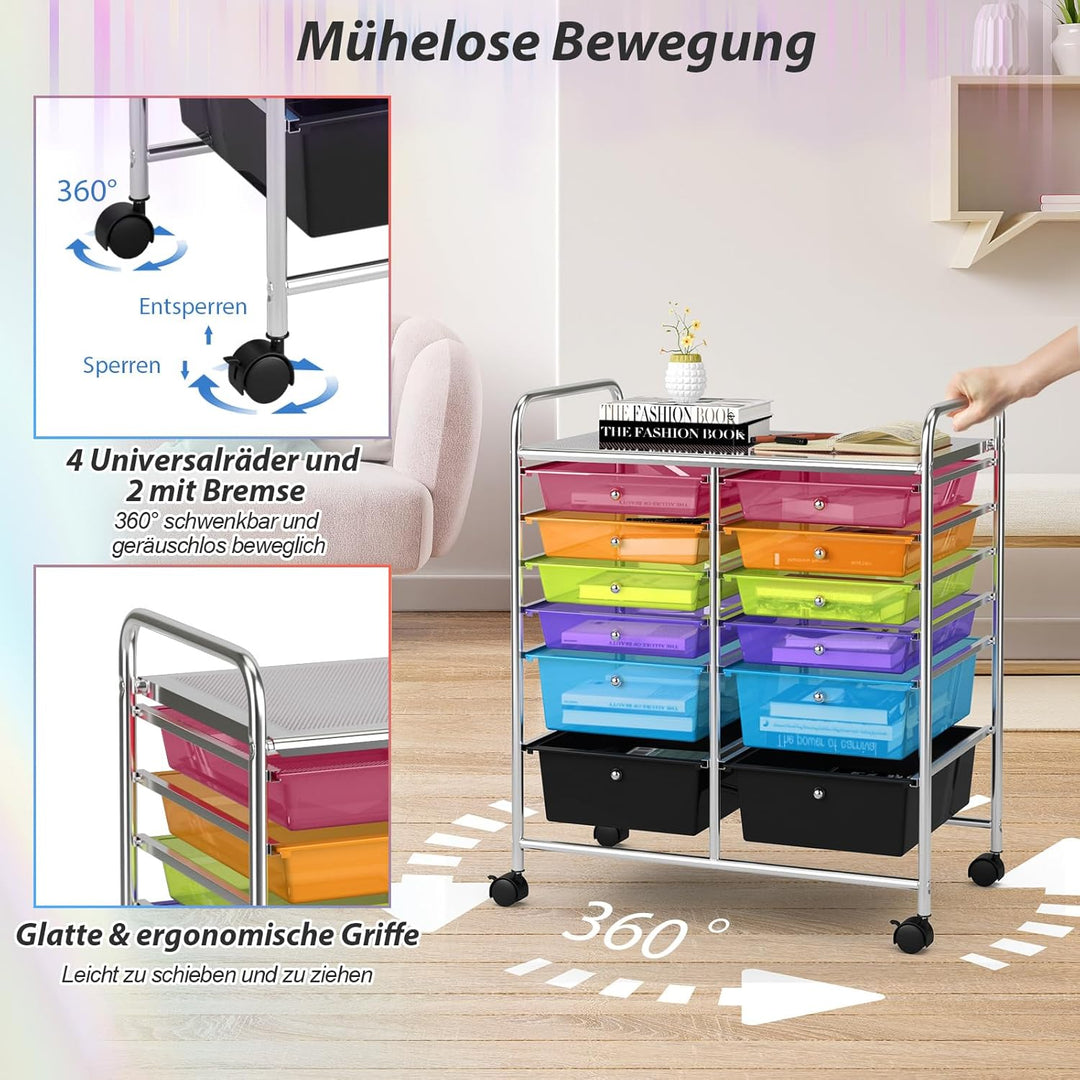 COSTWAY Rollwagen mit 12 stapelbaren Schubladen, Schubladenwagen Rollcontainer mit Metallgestell und