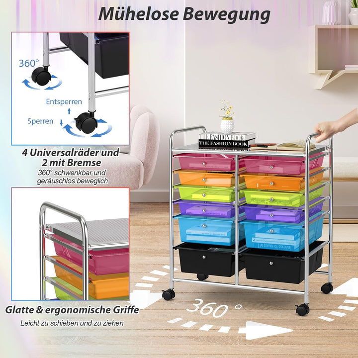 COSTWAY Rollwagen mit 12 stapelbaren Schubladen, Schubladenwagen Rollcontainer mit Metallgestell und