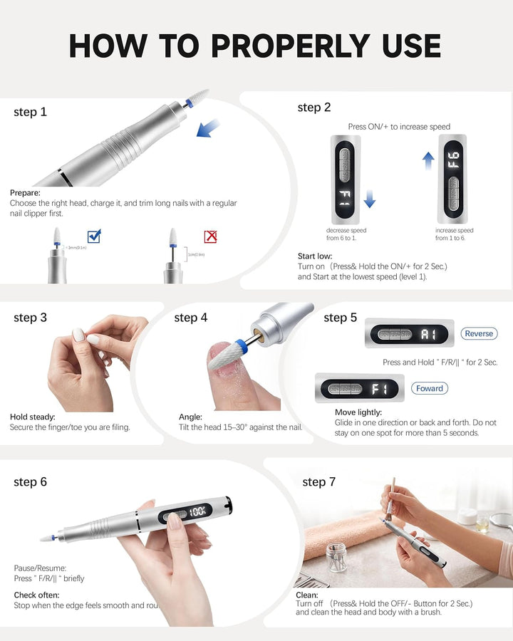 ND02 Wireless Electric Nail Cutter, 6 Speed Electric Nail File with 12 Drill Bits, Manicure Pedicure