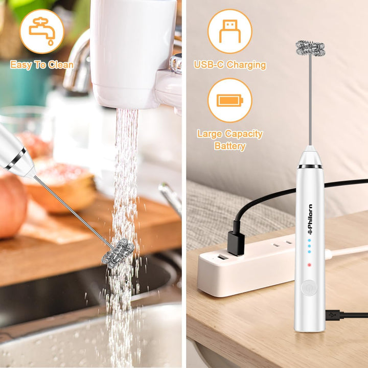 Philorn Milchaufschäumer Stab, Milchaufschäumer Elektrisch Stab Hand Held, 3-Gang USB-C Aufladbar Au
