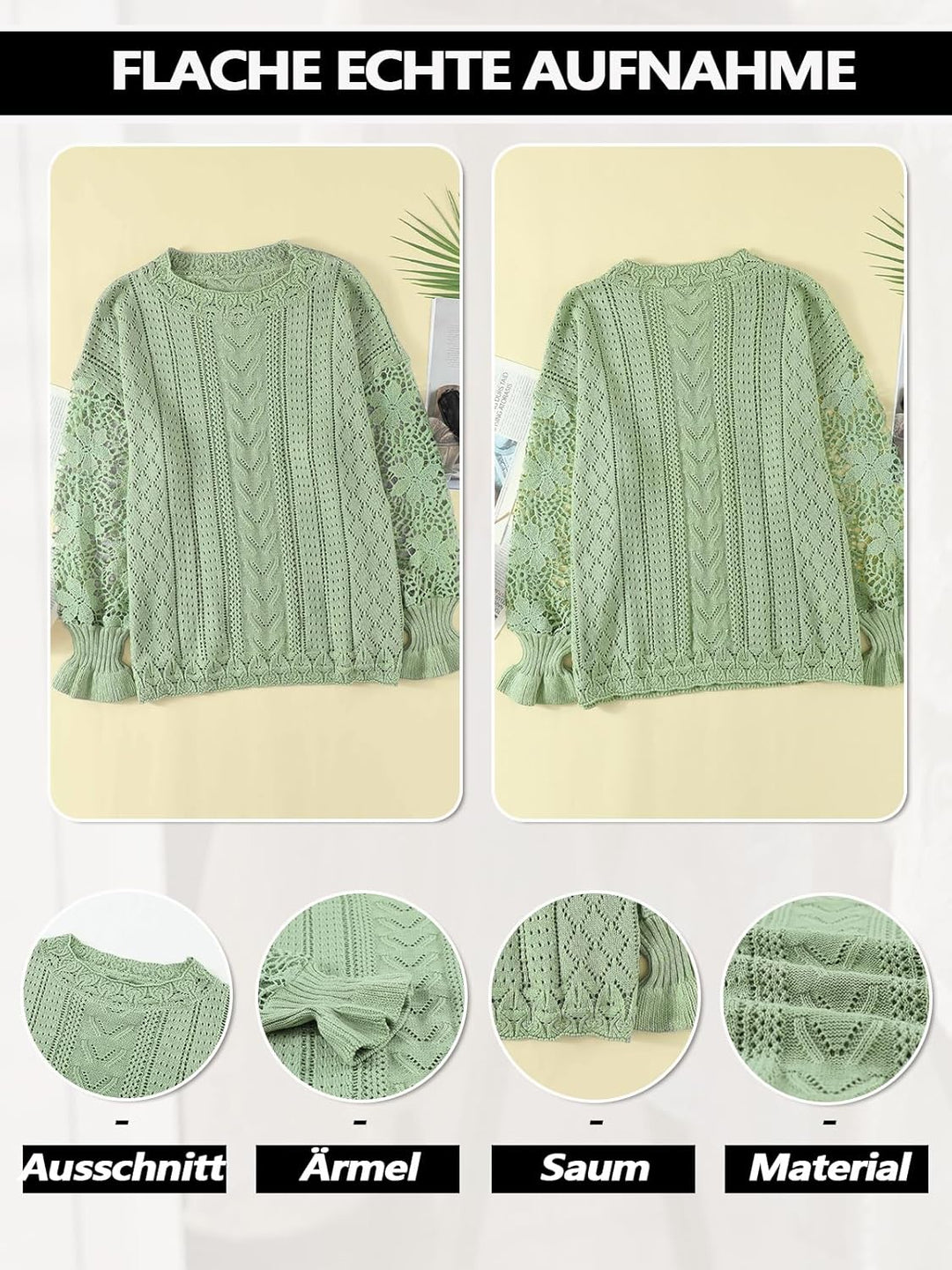 Maavoki Pullover Damen Spitze Strickpullover Lässige Rundhals Lace Langarm Häkelpullover Elegantes E