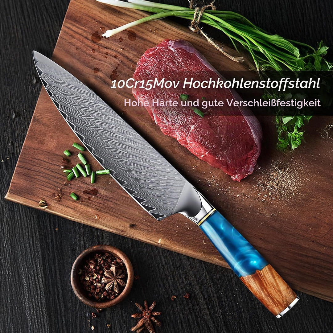 Küchenmesser, Japanisches Damastmesser 67-Lagig VG10 Hochkohlestahl, Ergonomischer Holz-Griff, Gesch