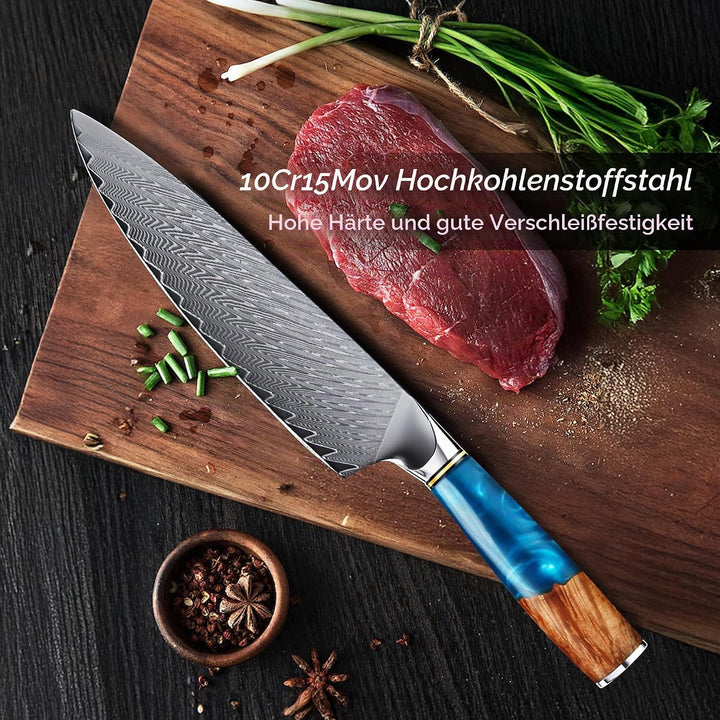 Küchenmesser, Japanisches Damastmesser 67-Lagig VG10 Hochkohlestahl, Ergonomischer Holz-Griff, Gesch