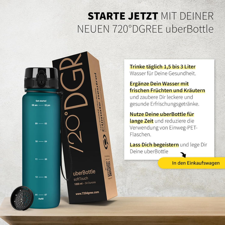 720°DGREE Trinkflasche 1l mit Motivationsskala “uberBottle“ +Sieb - BPA-Frei - Wasserflasche für Uni