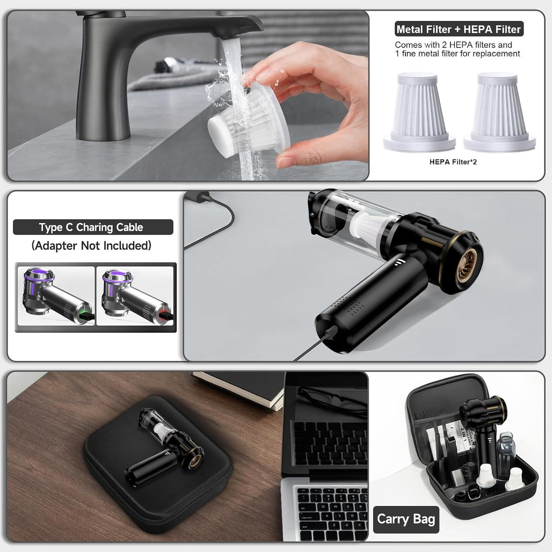 Handstaubsauger Akku, 26000Pa Mini Kabelloser Autostaubsauger Akku | 4-in-1 Mini Staubsauger,Waschba