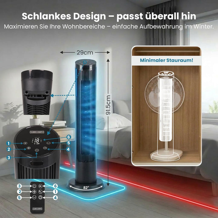 Olsen & Smith Turmventilator mit Fernbedienung | Leiser 27-dB-Ventilator fürs Schlafzimmer | 91 cm (