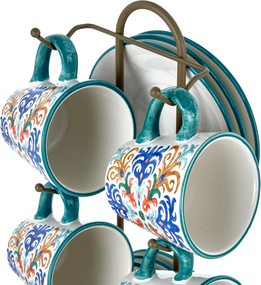 Baroni Home Set von dekorierten Keramik-Espressotassen mit Untertassen und Ständer, farbiges und rob