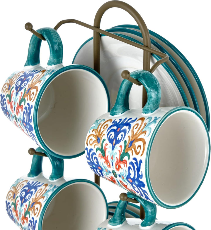 Baroni Home Set von dekorierten Keramik-Espressotassen mit Untertassen und Ständer, farbiges und rob