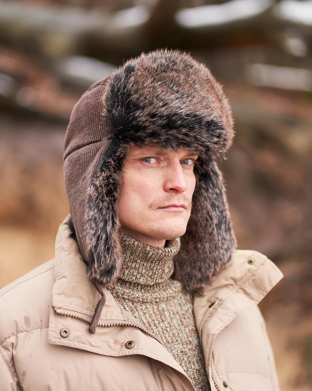 Futrzane Trappermütze aus Cord - Ushanka Herren - Fell Mütze mit Ohrenklappen S Braun - Braun Siberi