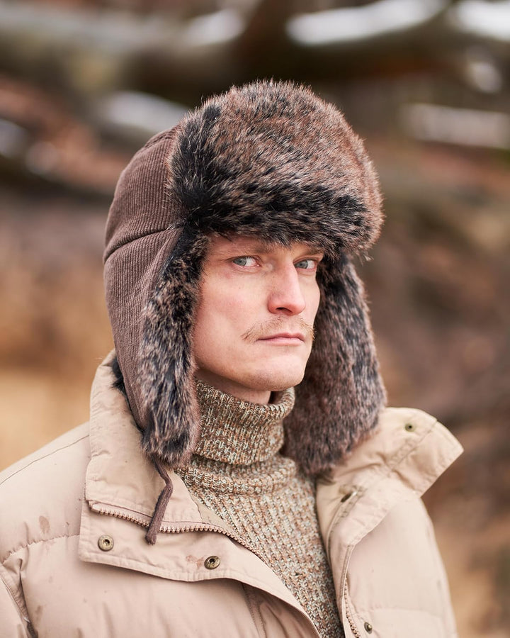 Futrzane Trappermütze aus Cord - Ushanka Herren - Fell Mütze mit Ohrenklappen S Braun - Braun Siberi