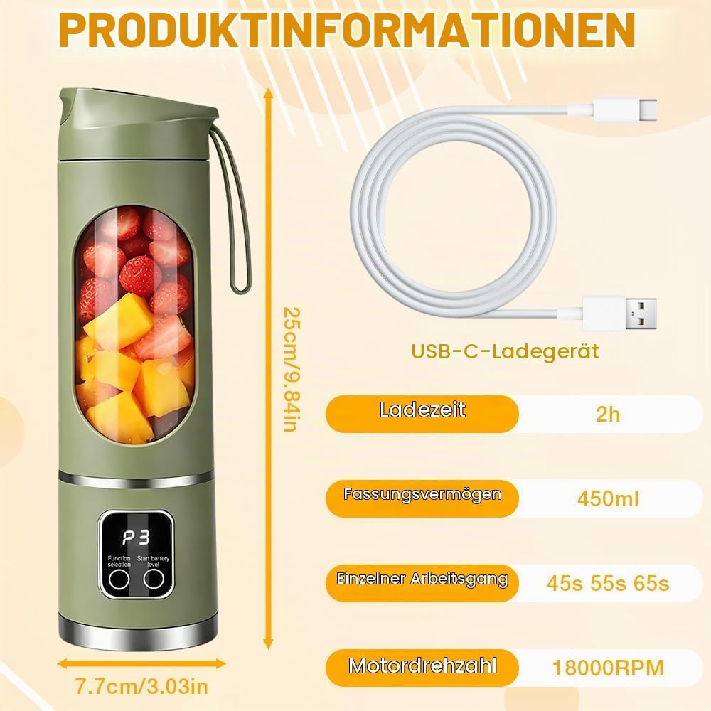 Tragbarer Mixer, 450ml Mixer Smoothie Maker to Go, Portable Blender mit 12-Blatt, Mini Standmixer mi