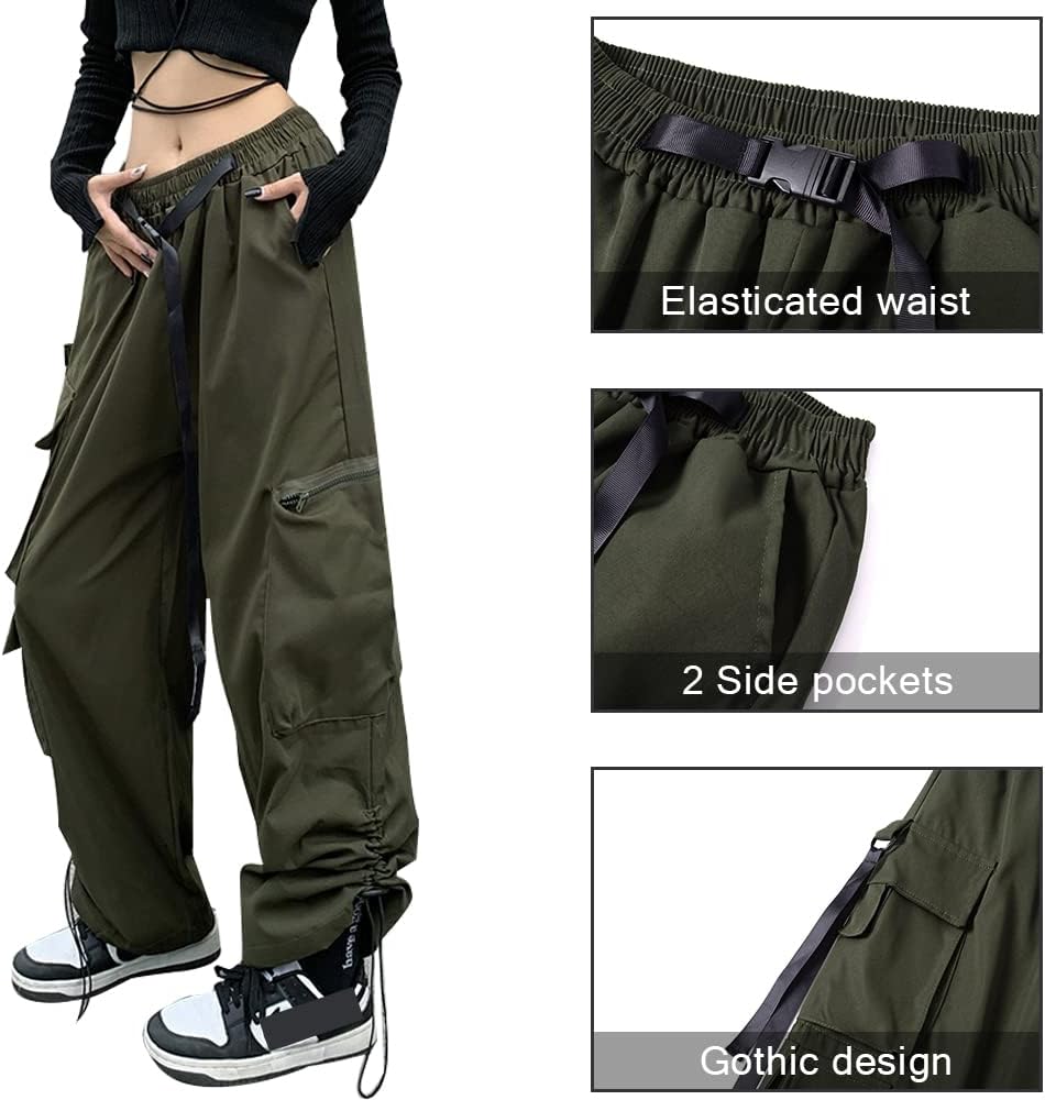 Hewlshawn Damen Cargohose Baggy High Waist Gotisch Y2k Straight Streetwear Elastische Taille mit Kor