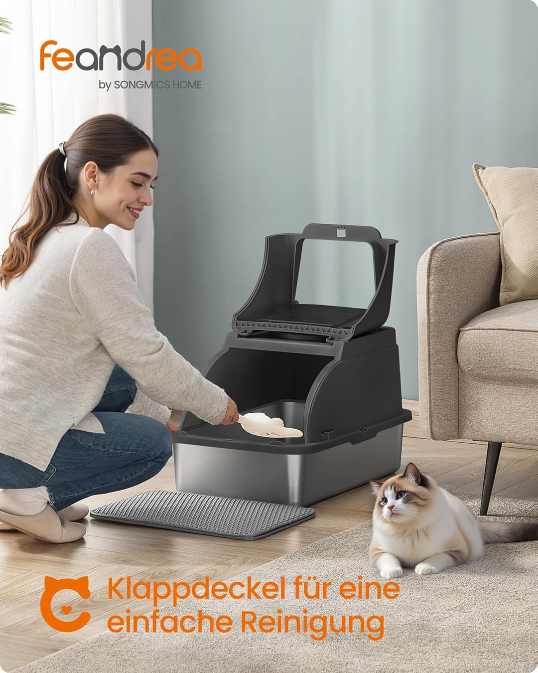 Feandrea Katzenklo Edelstahl, XL, Katzentoilette mit Deckel, mit Schaufel, Bürste und 2 Eingängen, f