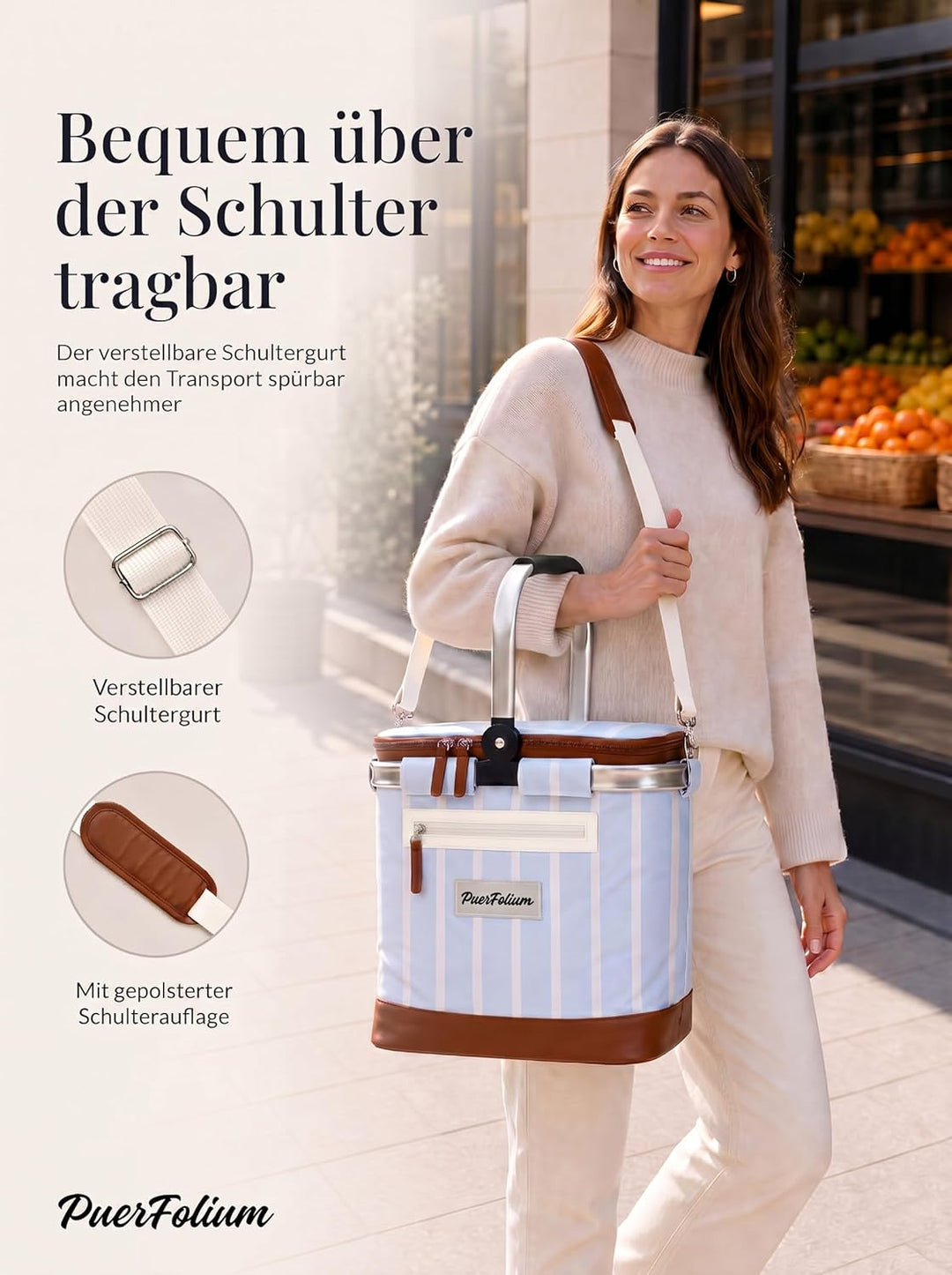 Kühltasche Einkaufskorb 20L Faltbar Isoliert Thermo mit Deckel Reissverschluss Abnehmbarer Picknickk