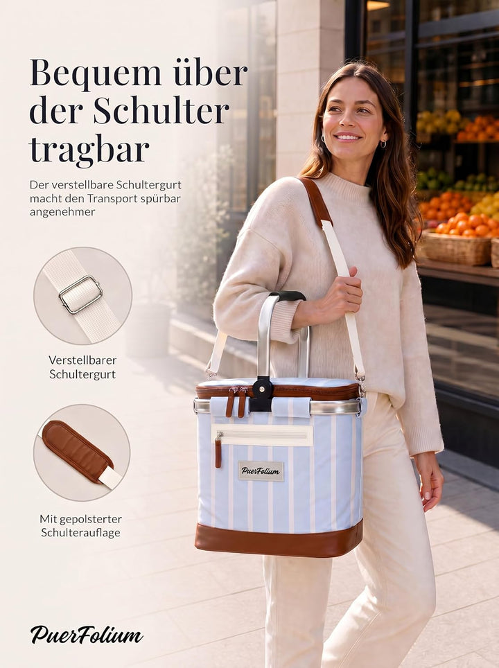 Kühltasche Einkaufskorb 20L Faltbar Isoliert Thermo mit Deckel Reissverschluss Abnehmbarer Picknickk