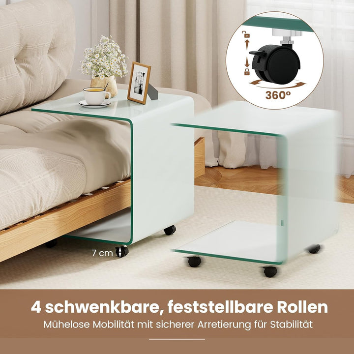 COSTWAY Beistelltisch aus gehärtetem Glas mit Rollen, Glastisch C-Form, Nachttisch, Sofatisch, Kaffe