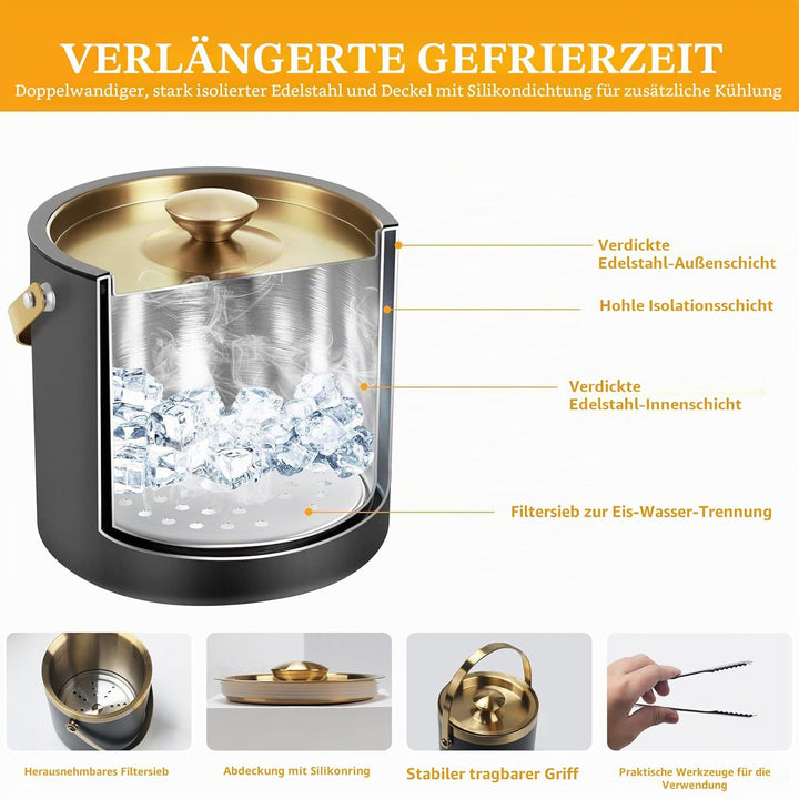 2L Eiseimer Eiswürfelbehälter Eisbehälter Edelstahl, Doppelwandiger Isolierter Eiskübel, Ice Bucket
