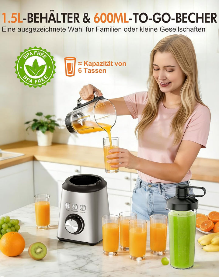 Mixer, Smoothie Maker & Standmixer, Hochgeschwindigkeits Mixer Smoothie Maker 1,5L Glasbehälter&600m