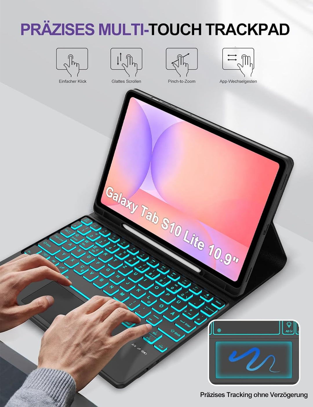 JADEMALL Hülle mit Touchpad & RGB-Tastatur für Samsung Galaxy Tab S10 Lite/S10 FE/S9 FE 10,9" & S9 1