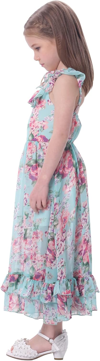 BONNY BILLY Mädchen Kleider Freizeit Blumen Sommerkleid Strandkleid Chiffonkleid Maxikleid mit Rüsch