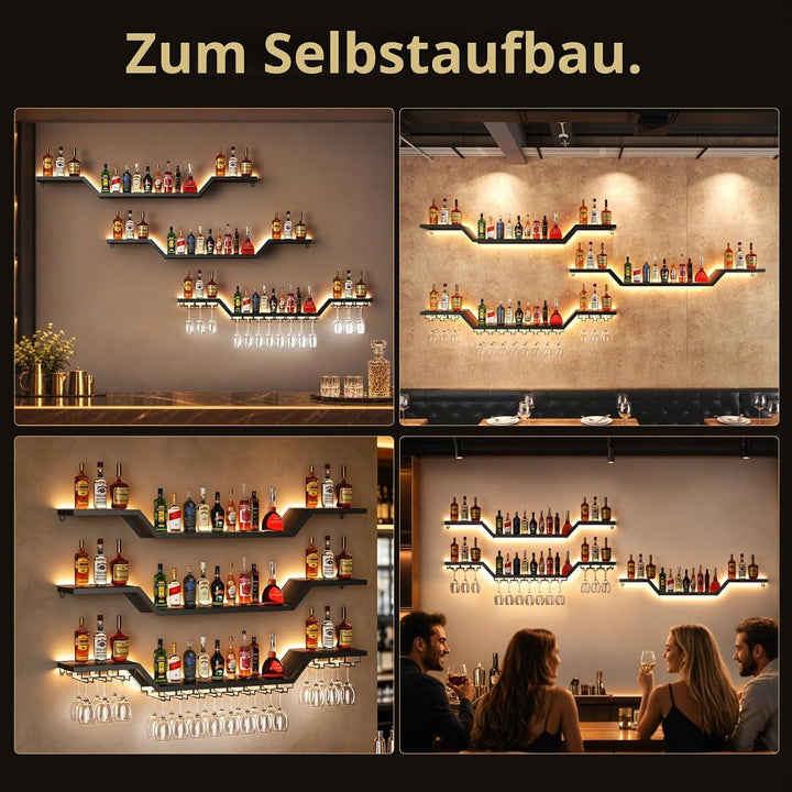 Modernes Wand Weinregal mit LED Beleuchtung, 3 Ebenen Weinpareite Display mit Glashalter, Schwebende