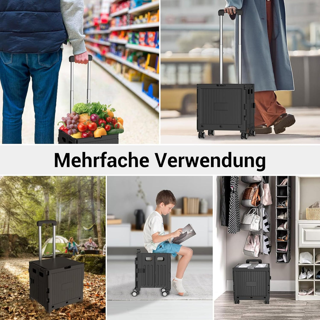 Einkaufstrolley klappbar, Einkaufswagen bis 30 kg, Transportbox mit 4 Rollen, Shopping Trolley Verst