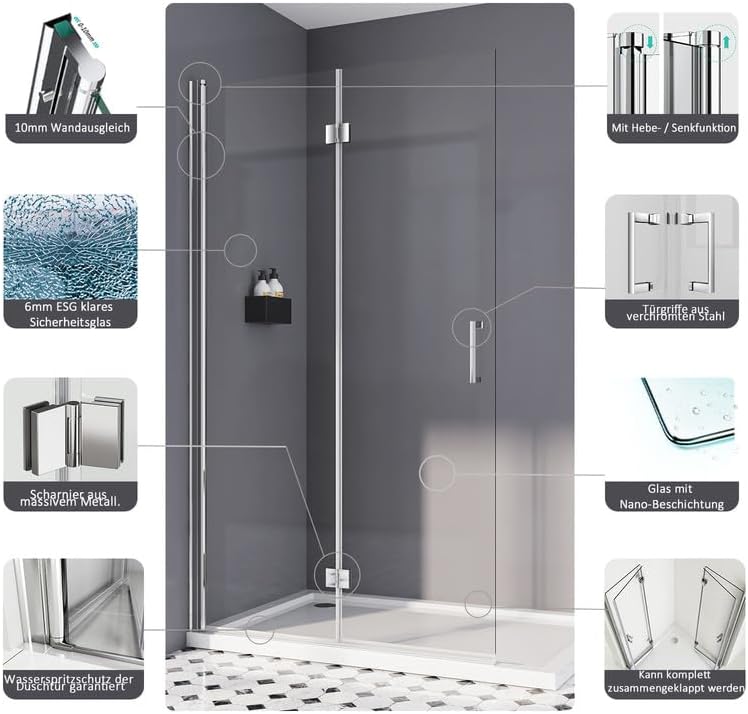 Walk in Duschwand, 120x195 cm Falttür Dusche Duschtrennwand 180° Duschwand 6mm ESG-Sicherheitsglas N