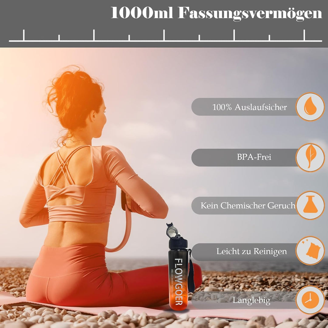Deutsch Trinkflasche, Trinkflasche 1L mit Strohhalm und motivierender Zeitmarkierung, Tritan BPA fre