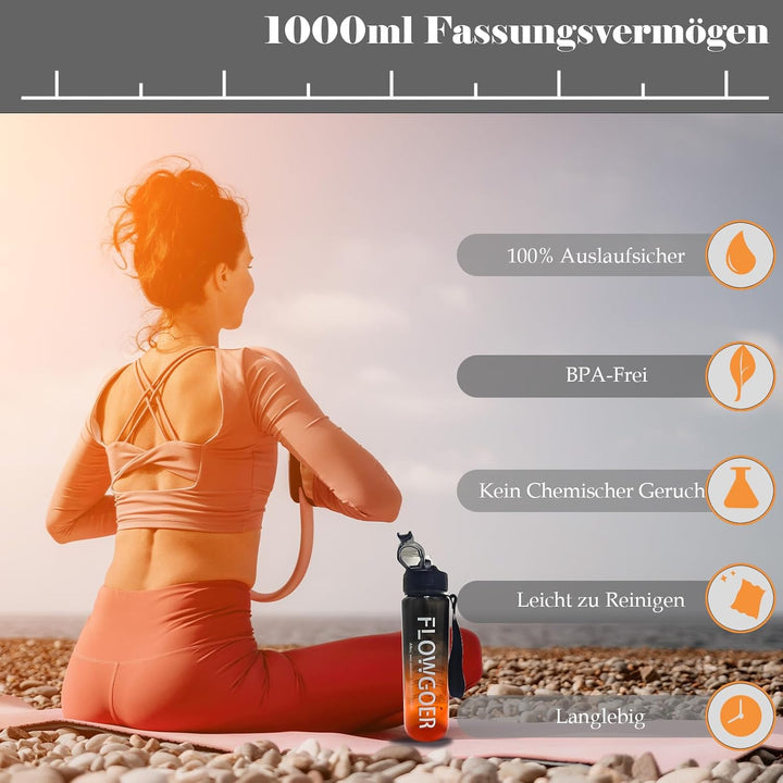 Deutsch Trinkflasche, Trinkflasche 1L mit Strohhalm und motivierender Zeitmarkierung, Tritan BPA fre