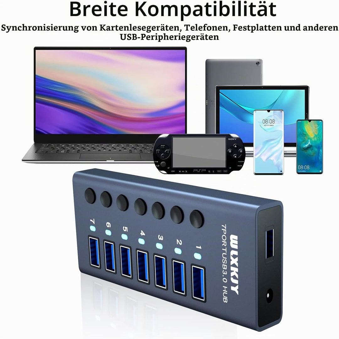 USB 3.0 Hub 7 Ports mit 36W Stromversorgung, 5Gbps Aluminium USB Verteiler Mehrfachstecker USB Verlä
