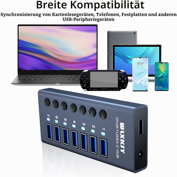 USB 3.0 Hub 7 Ports mit 36W Stromversorgung, 5Gbps Aluminium USB Verteiler Mehrfachstecker USB Verlä