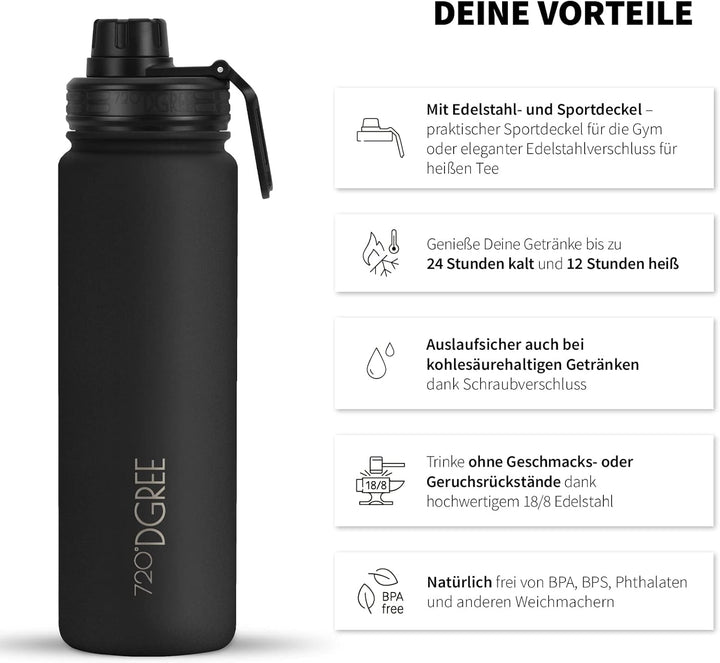 720°DGREE Edelstahl Trinkflasche Kinder 530ml “noLimit” - Auslaufsicher, für Kohlensäure, BPA-Frei -