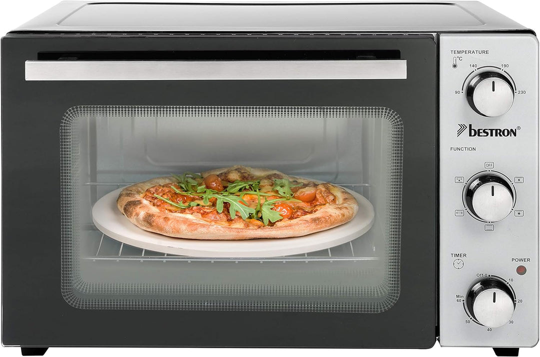 Bestron AOV31PS Kompakter Mini-Backofen mit Drehspiess und Pizzastein, 31 Liter, 1500 Watt, Edelstah
