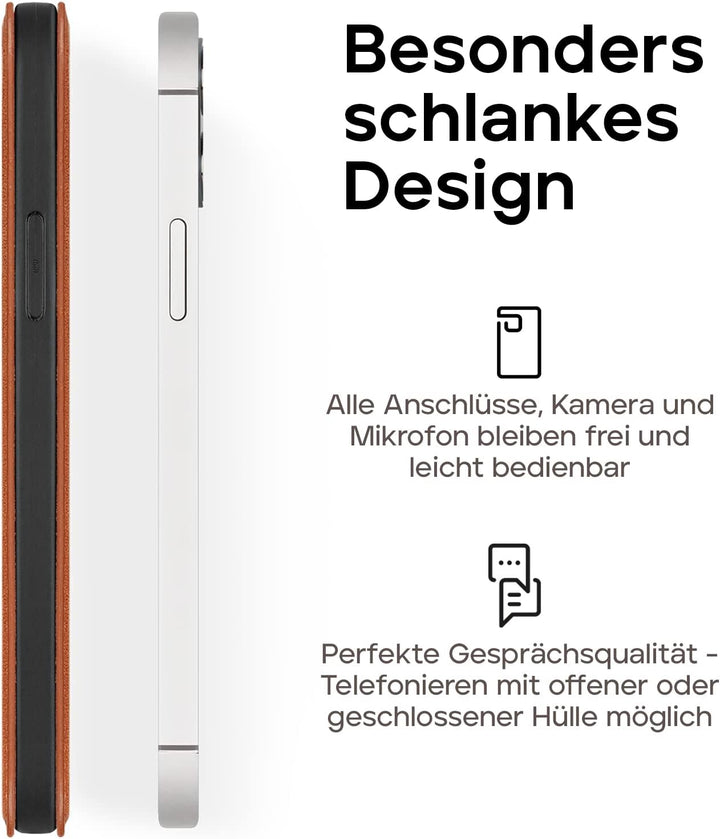 WIIUKA Hülle für iPhone 15 Pro, Leder aus Deutschland, mit Kartenfach, extra Dünn, Handyhülle mit St