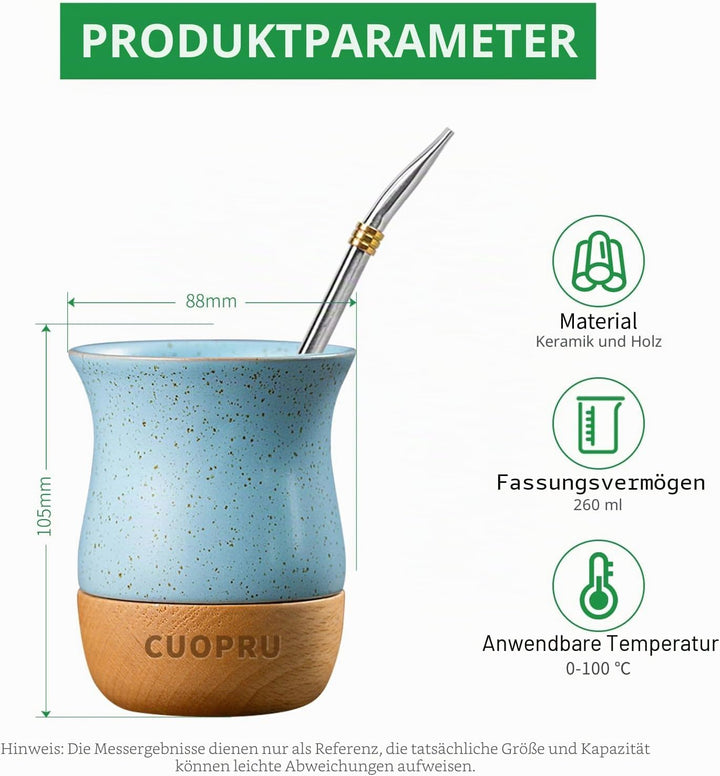 Cuopru Yerba Mate Keramiktasse mit originalem Holzsockel, 237 ml, inklusive Mate-Kürbis, Bombilla-St