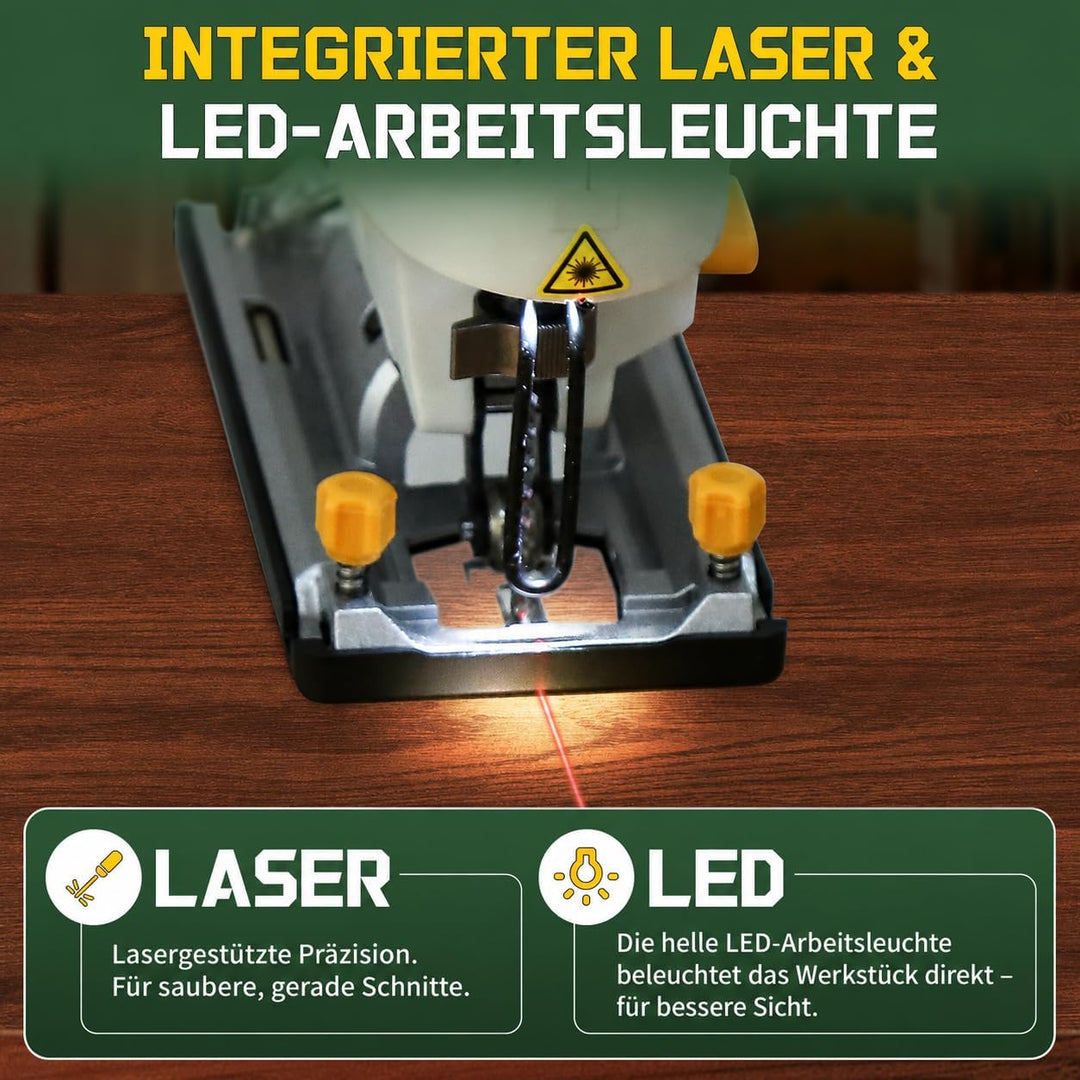 Stichsäge 800W für Holzbearbeitung, 3200 SPM Schnur-Stichsäge mit eingebautem Laser & LED-Licht, 4 O