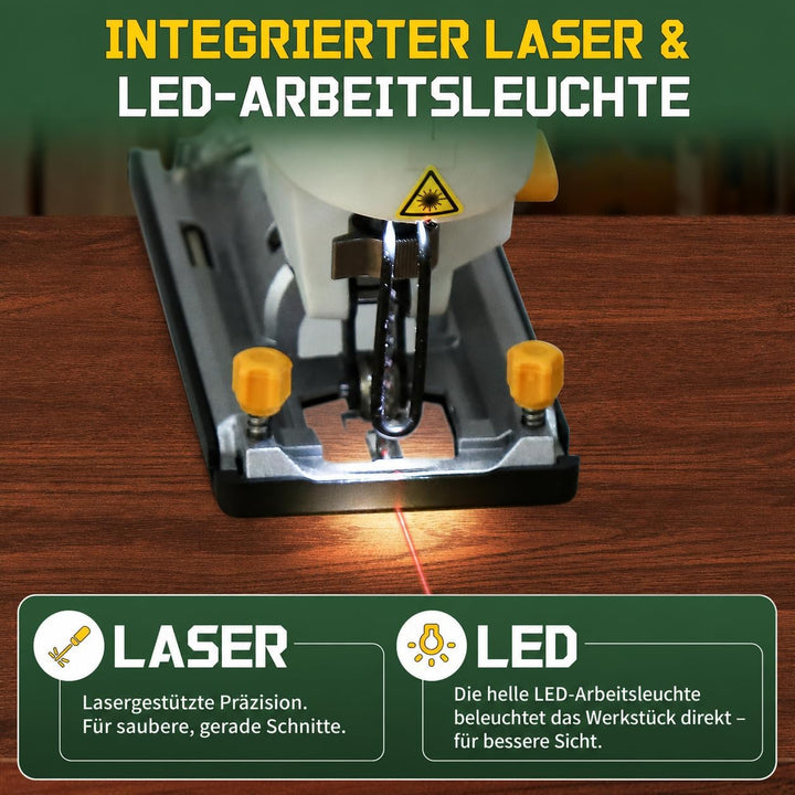 Stichsäge 800W für Holzbearbeitung, 3200 SPM Schnur-Stichsäge mit eingebautem Laser & LED-Licht, 4 O