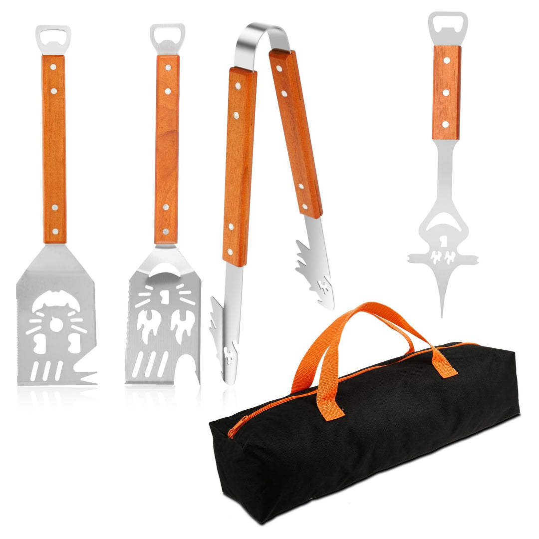 Grillbesteck Set 4 Teilig Grillzubehör Rostfreiem Edelstahl Grillset,Grillzange,2 Grillspatel, Grill