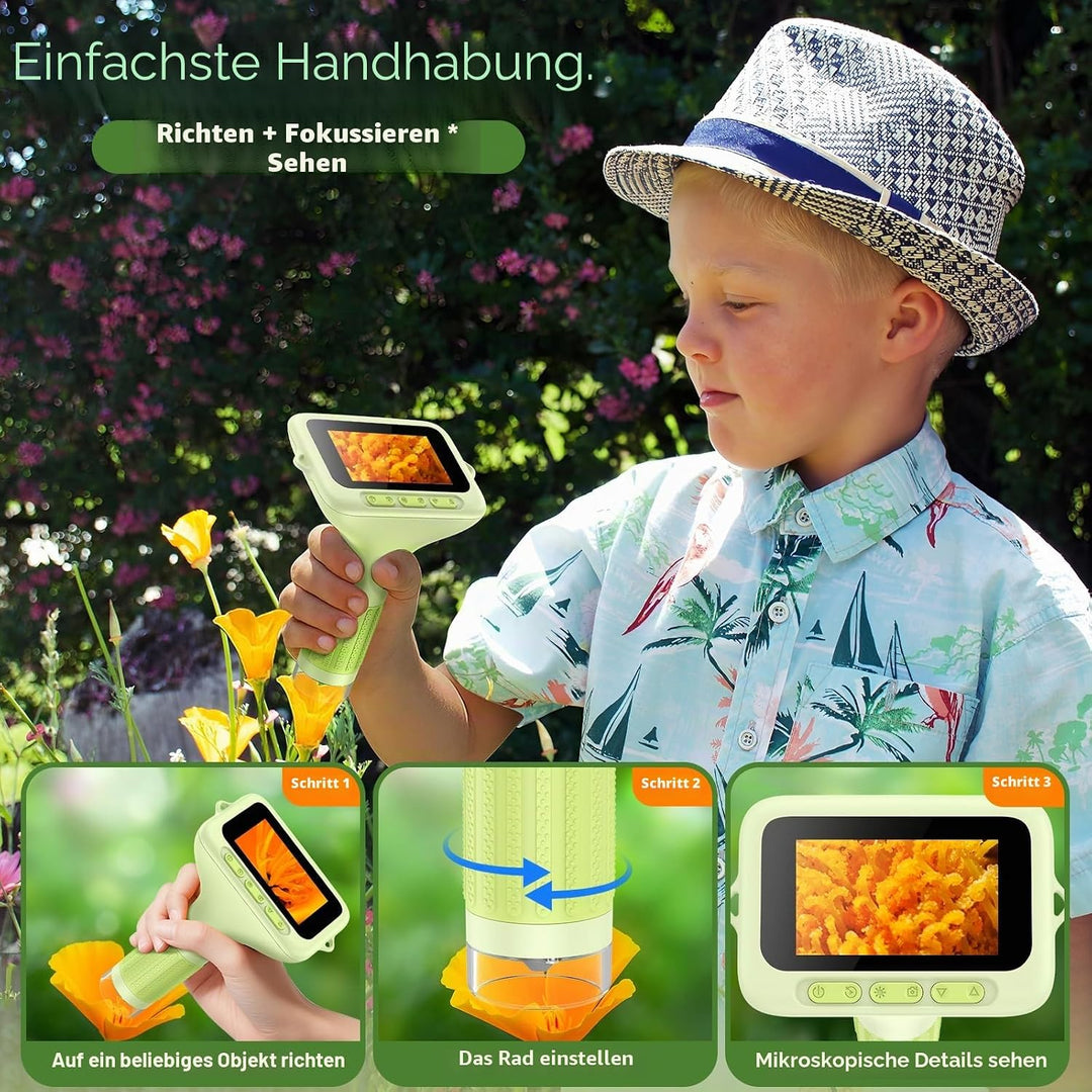 Digitales Mikroskop für Kinder, Mini-Handheld-Miniskop: 1000 x 3 Bildschirme, wiederaufladbar, Mini-