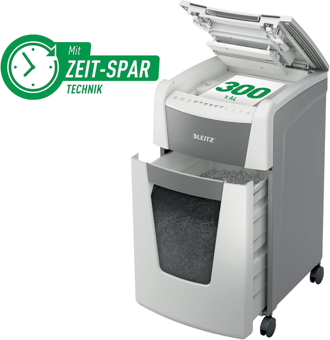 Leitz IQ Autofeed Office Partikelschnitt Aktenvernichter P4, 300 Blatt, 60l-Abfallbehälter, Weiss, 8