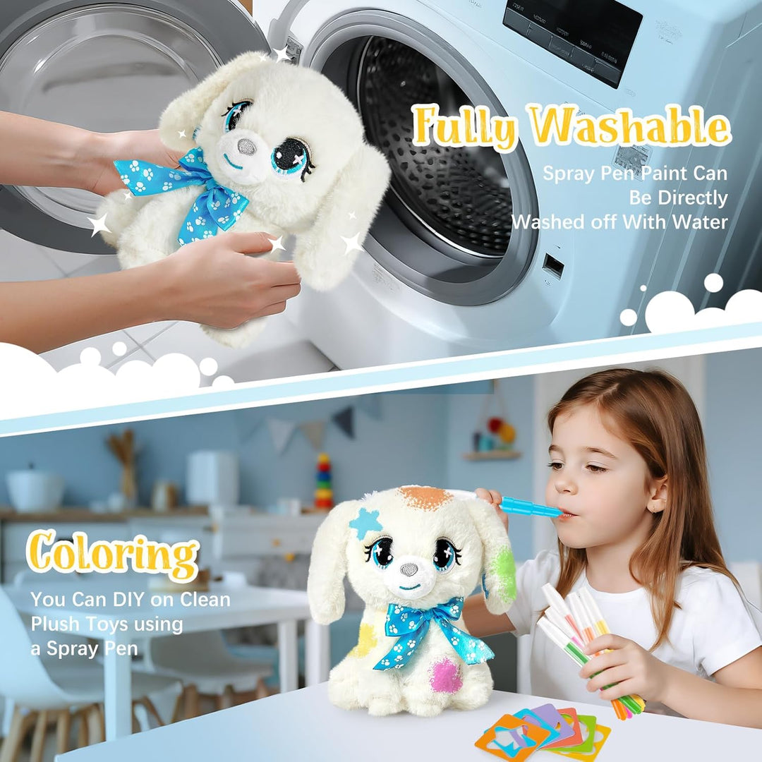 Hund Spielzeug Kinder, Hund Kuscheltier mit Drück-Wasser-Badewanne &amp; Waschbaren Buntstifte, Kreative