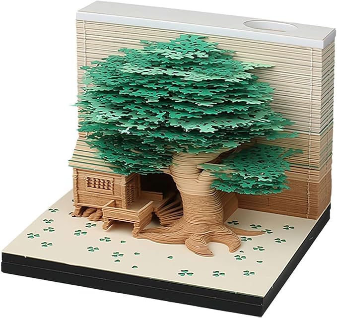 MEICHI 3D Notizblock, nicht verklebt, 3D Baumhaus (Grün) Papierkunst mit Anzeigebox glasklar, 9 x 9