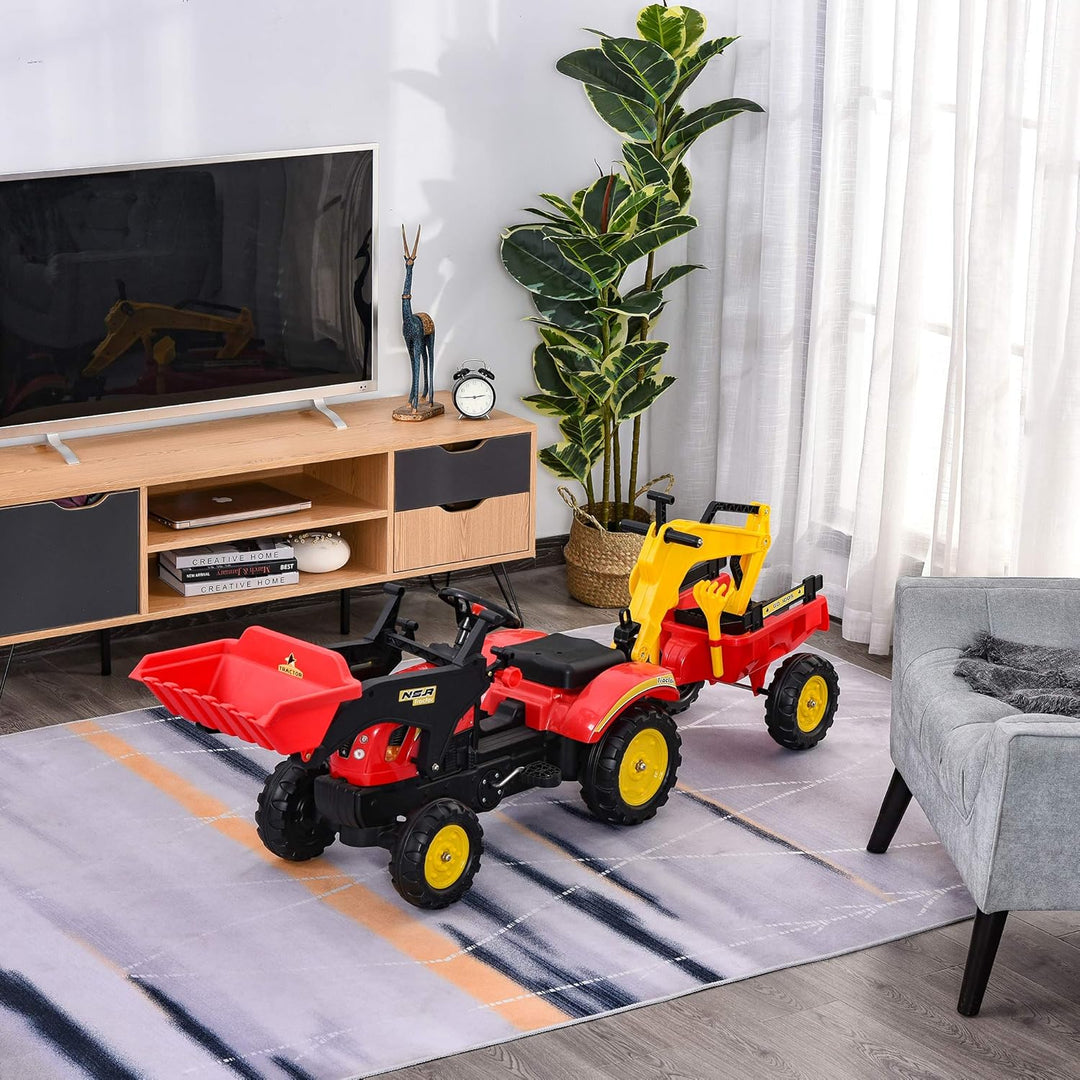 HOMCOM Trettraktor mit Anhänger, Frontlader, Verstellbarer Schaufel, Traktor Tretfahrzeug für Kinder