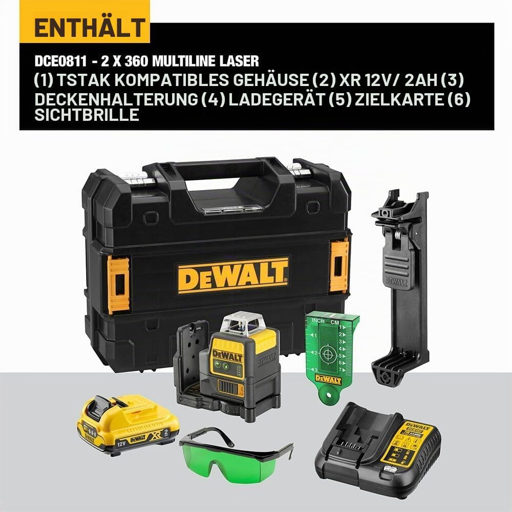 Dewalt 10,8 Volt 2x360° Linienlaser, Grün DCE0811D1G (Selbstnivellierend, horizontal &amp; vertikal, ink